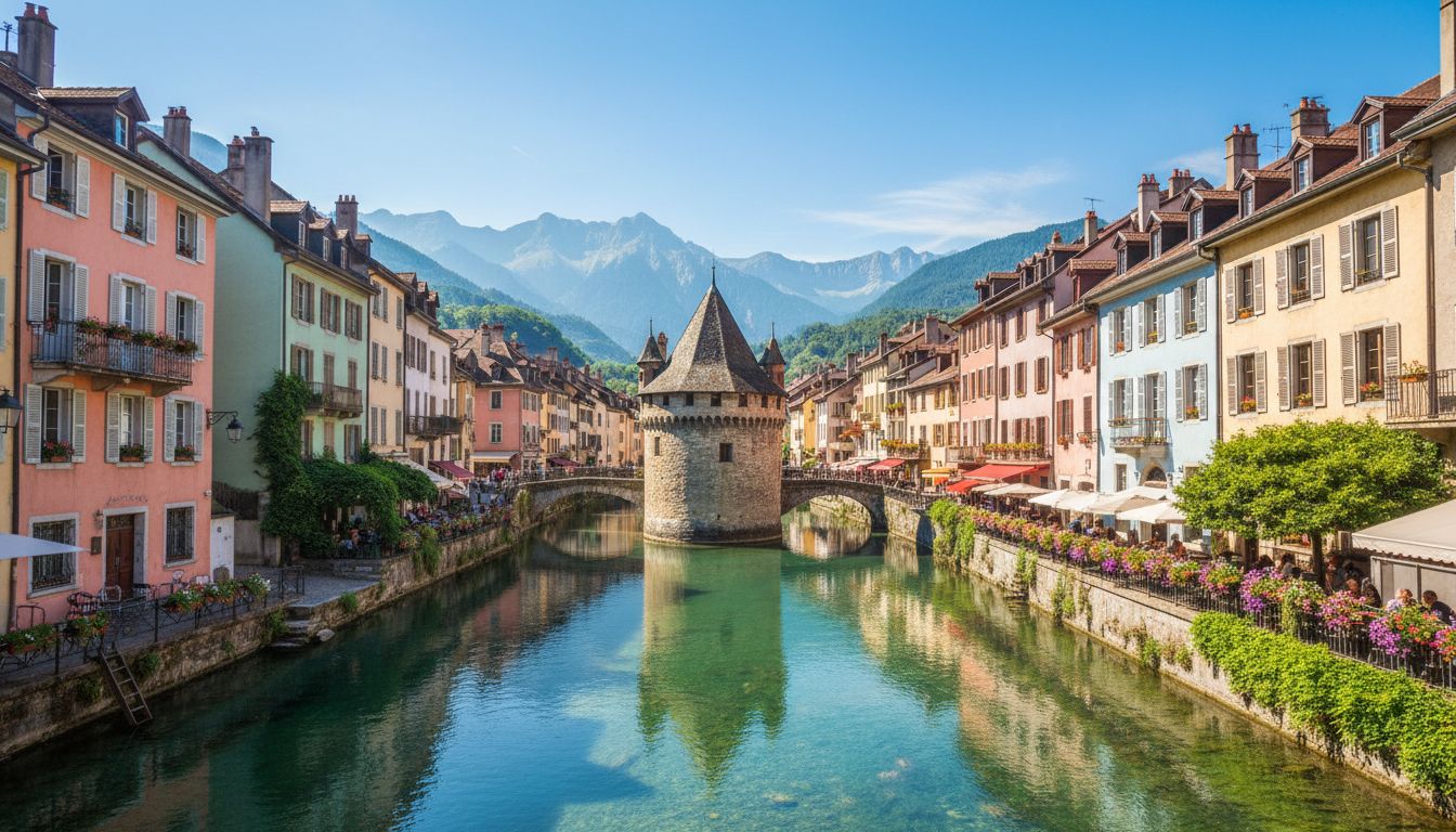 Canal bordé de maisons colorées dans la vieille ville d'Annecy, montagnes au fond