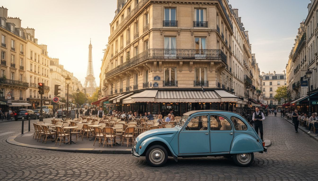 Une 2 CV bleue garée à un carrefour parisien, terrasse de café et tour Eiffel au fond